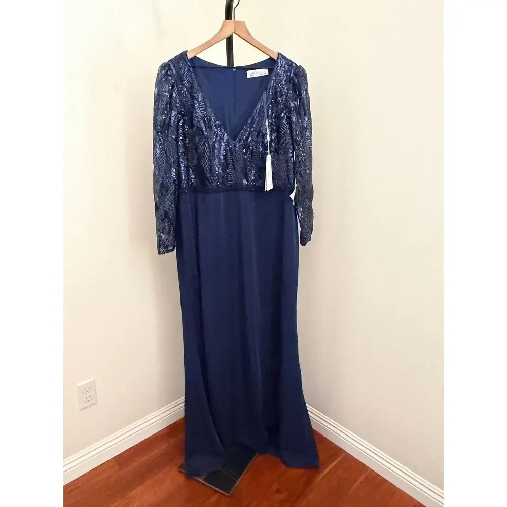 Mac Duggal Navy Embellished Long Sleeve Wrap Over Trumpet Gown Sz 18 - Picture 2 of 7